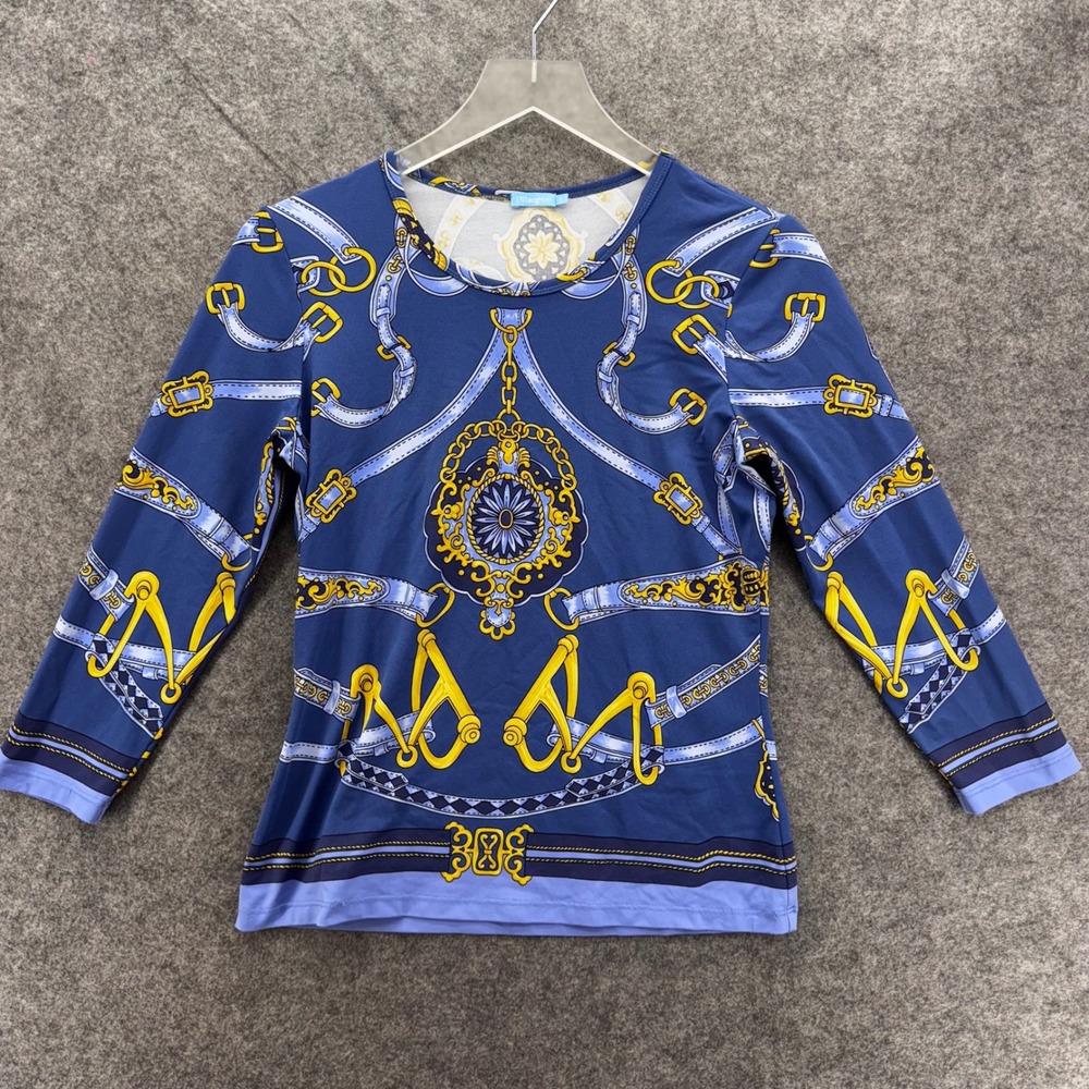 J. McLaughlin Womens‎ Blue Print 3/4 Sleeve Top Size S Chain Equestrian - Picture 7 of 11